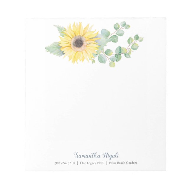 Elegant Watercolor Sunflower Eucalyptus Notepad (Front)