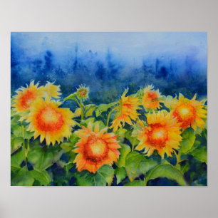 Elegant watercolor sunflower fields poster