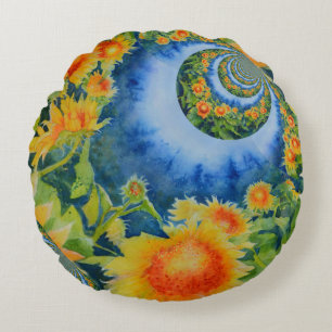 Elegant watercolor sunflower fields round pillow