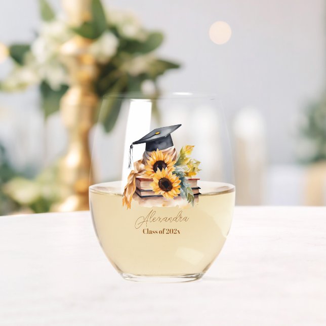 Elegant Watercolor Sunflower Graduation Stemless Wine Glass (Insitu (Wedding))
