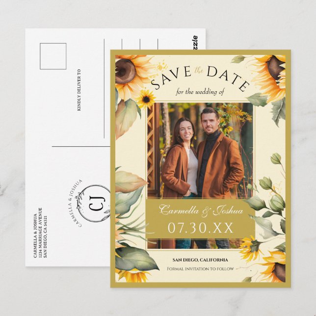 Elegant Watercolor Sunflower Photo Save The Date Postcard (Front/Back)