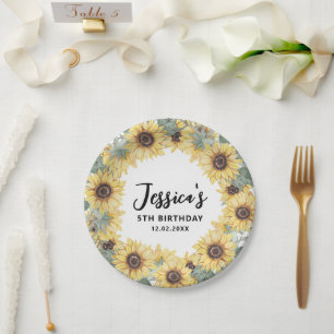 Elegant Watercolor Sunflower Wreath Frame Birthday Paper Plate