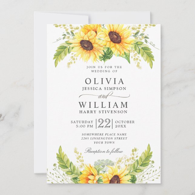 Elegant Watercolor Sunflowers Eucalyptus Wedding Invitation (Front)