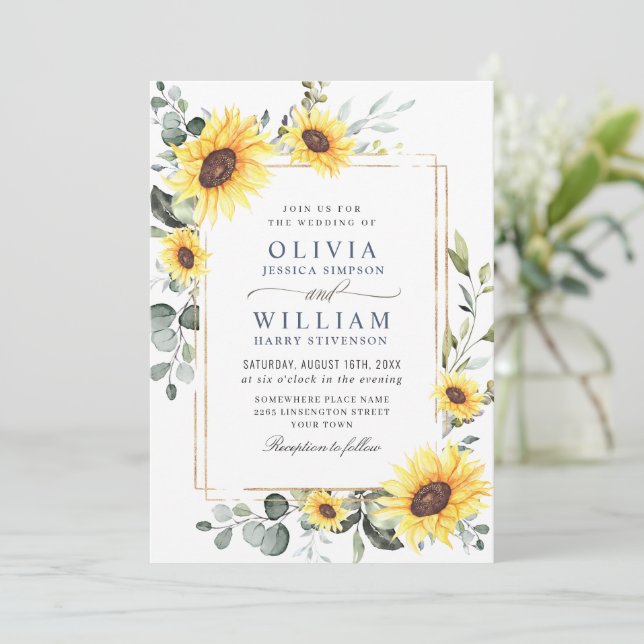 Elegant Watercolor Sunflowers Eucalyptus Wedding Invitation (Standing Front)