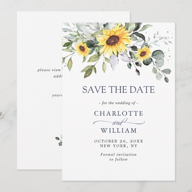 Elegant Watercolor Sunflowers Eucalyptus Wedding Save The Date (Front/Back)