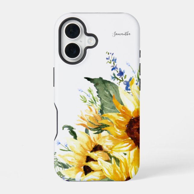 Elegant Watercolor Sunflowers Floral Personalized iPhone 16 Case (Back)