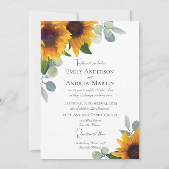 Elegant Watercolor Sunflowers Greenery Wedding Invitation (Front)