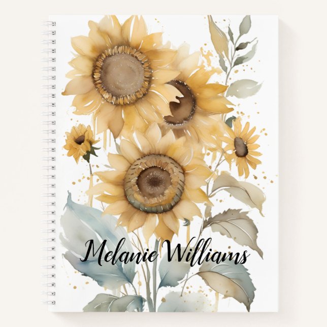 Elegant Watercolor Sunflowers | Personalized Name Notebook (Front)