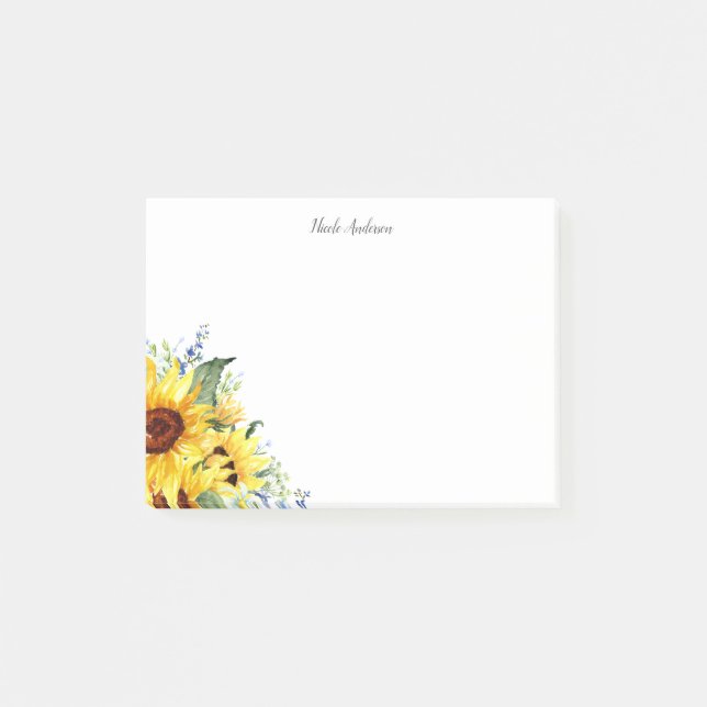 Elegant Watercolor Sunflowers Personalized Post-it Notes (Front)