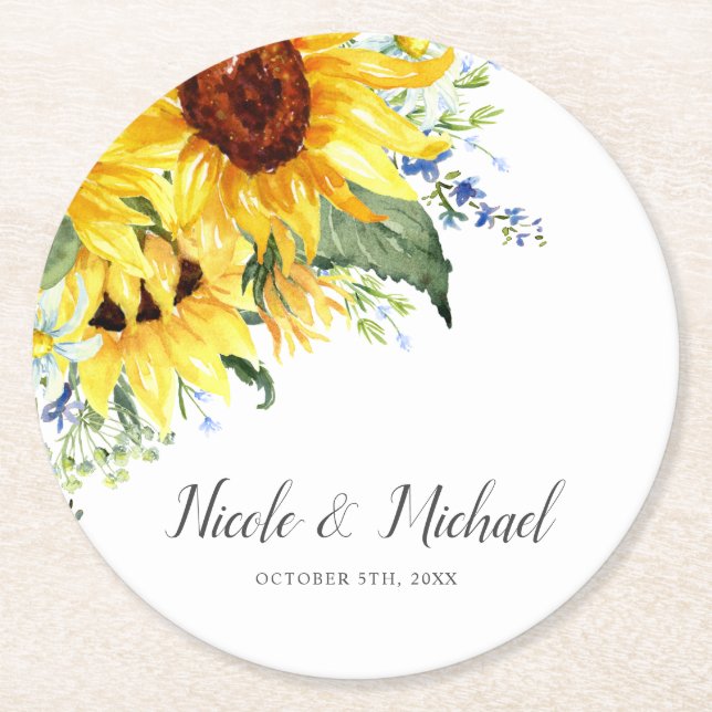 Elegant Watercolor Sunflowers Personalized Wedding Round Paper Coaster (Front)