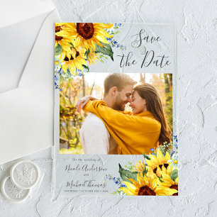 Elegant Watercolor Sunflowers Photo Save The Date Acrylic Invitations