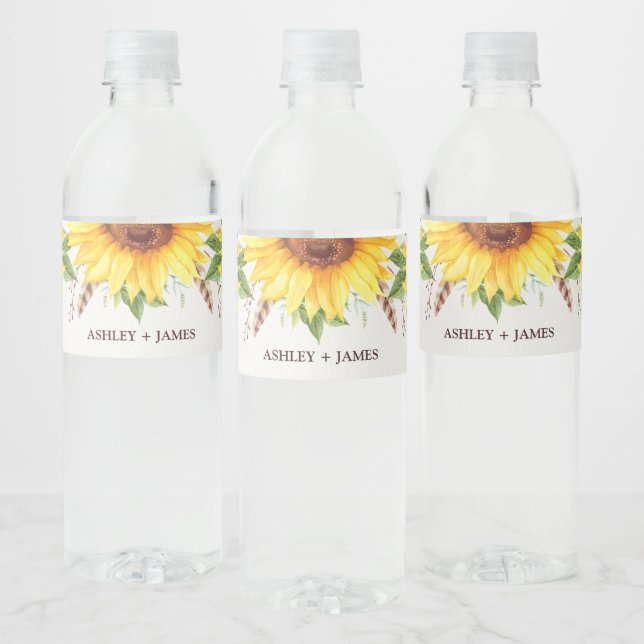 Elegant Watercolor Sunflowers Summer Wedding Favou Water Bottle Label (Bottles)