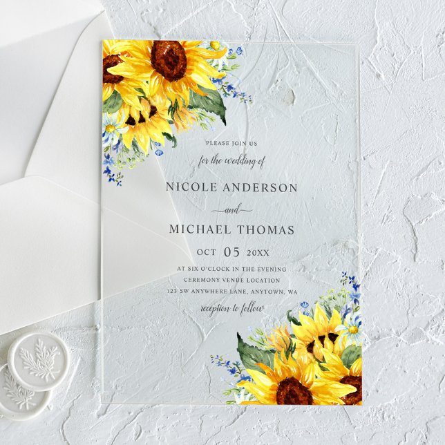 Elegant Watercolor Sunflowers Wedding Acrylic Invitations (Creator Uploaded)