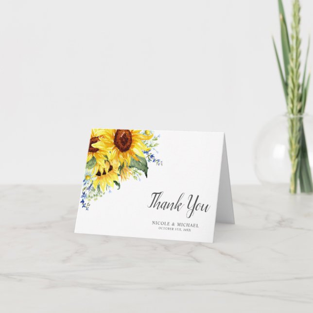 Elegant Watercolor Sunflowers Wedding Thank You Card (Front)