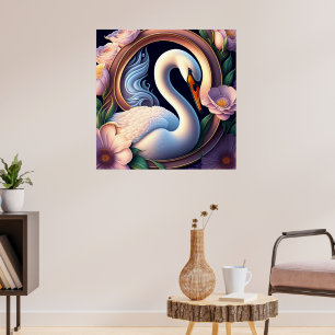 Elegant Watercolor Swan in Oriental Flower Poster
