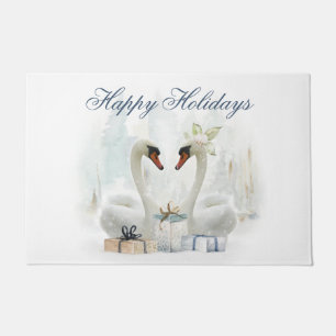 Elegant Watercolor Swans Christmas Holiday Doormat