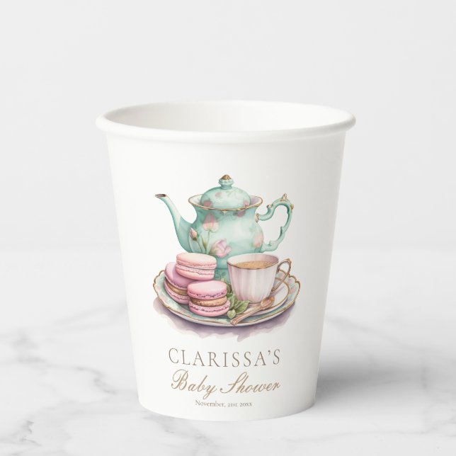 Elegant Watercolor Tea Party Baby Shower Paper Cups (Front)