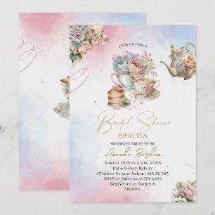 Elegant watercolor tea party girl pink gold bridal invitation