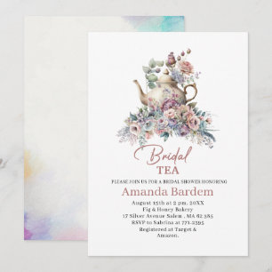 Elegant watercolor tea party girl pink gold bridal invitation