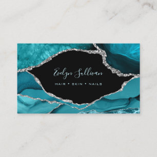 elegant watercolor teal agate on black business card