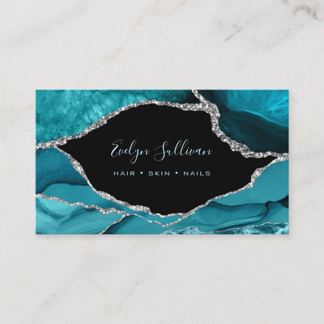 elegant watercolor teal agate on black business card (Front)