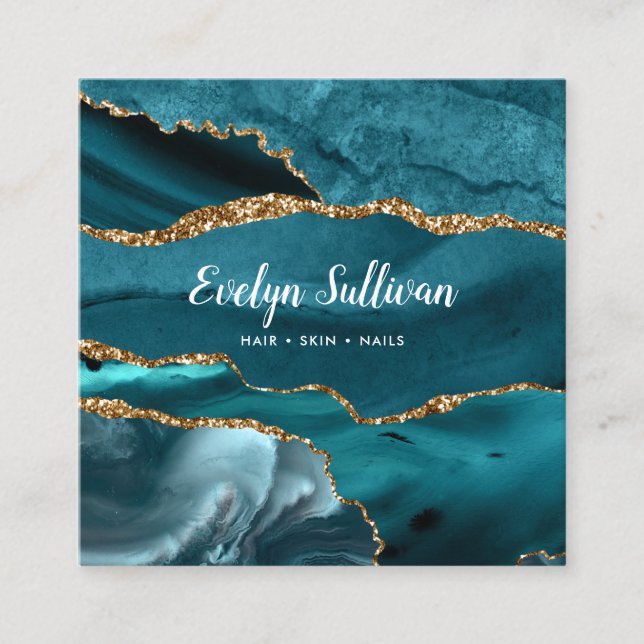 elegant watercolor teal agate square business card (Front)