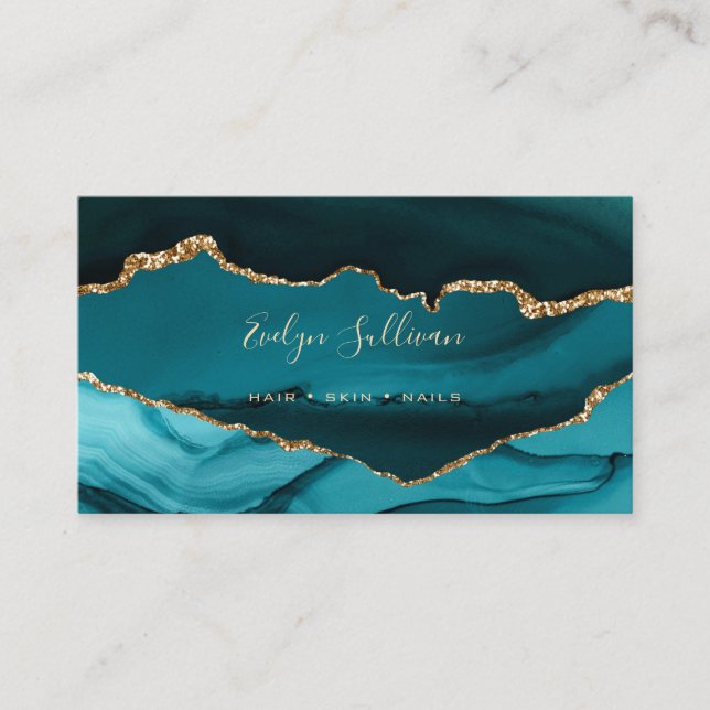 elegant watercolor teal and gold agate business card (Front)