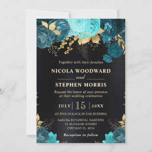 Elegant Watercolor Teal and Gold Flowers Wedding Invitation