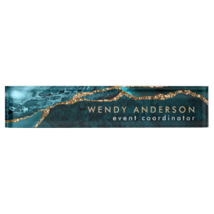 Elegant Watercolor Teal Gold Glitter Agate Nameplate
