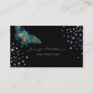 Elegant Watercolor Teal & Gold Glitter Butterfly Business Card
