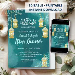 Elegant Watercolor Teal Iftar Invitation