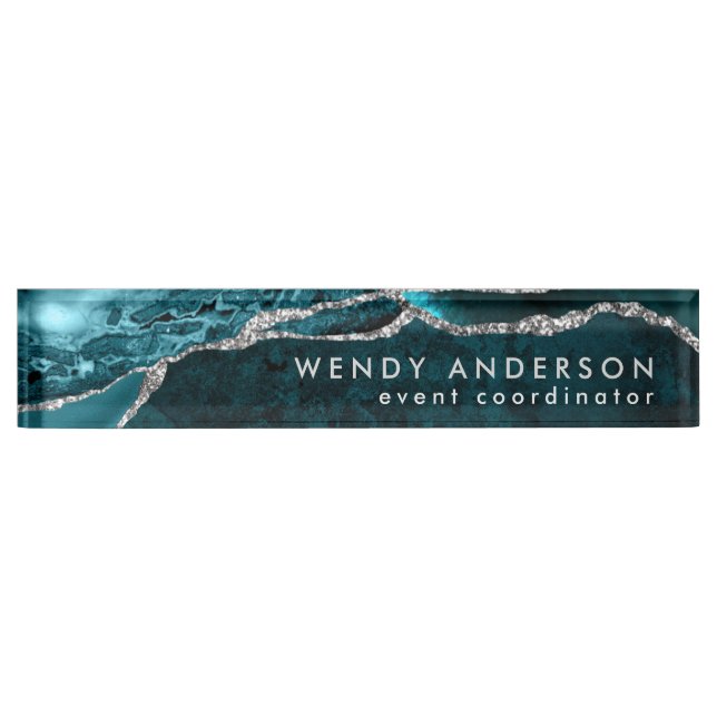 Elegant Watercolor Teal Silver Glitter Agate Nameplate (Front)