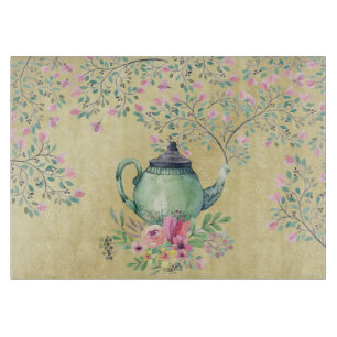 Elegant Watercolor Teapot and Flowers Gold Cutting Board