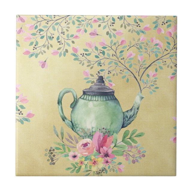 Elegant Watercolor Teapot and Flowers Gold Tile (Front)