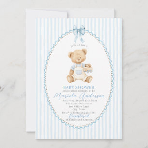 Elegant Watercolor Teddy Bear blue bow Baby Shower Invitation