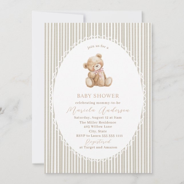 Elegant Watercolor Teddy Bear blue bow Baby Shower Invitation (Front)