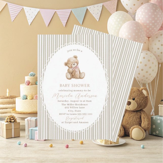 Elegant Watercolor Teddy Bear blue bow Baby Shower Invitation (Creator Uploaded)