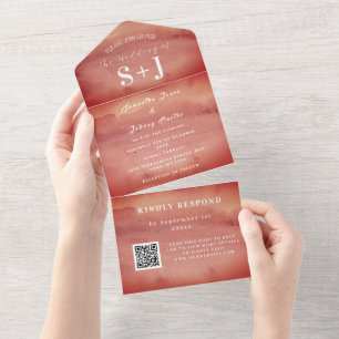 Elegant Watercolor Terracotta QR Code Wedding RSVP All In One Invitation