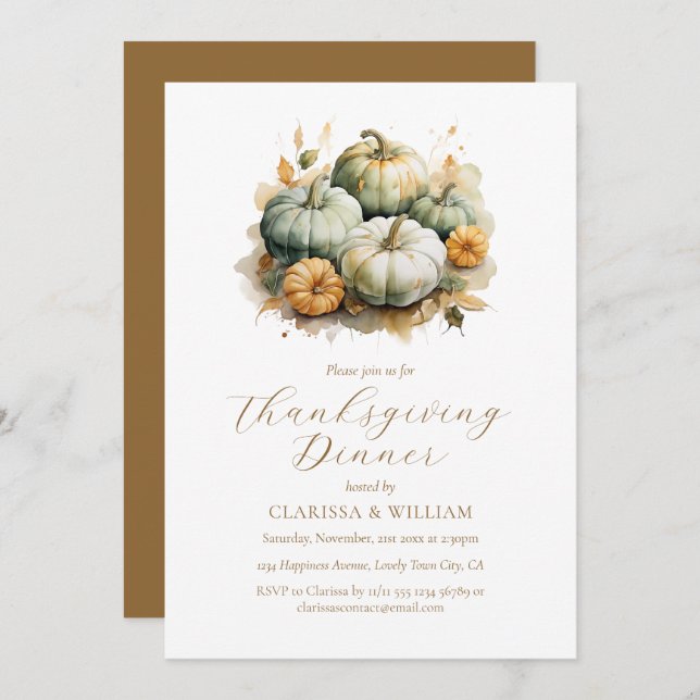 Elegant Watercolor Thanksgiving Dinner Invitation (Front/Back)