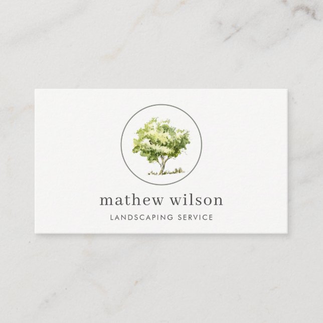 Elegant Watercolor Tree Lawnmowing Lawn Care Business Card (Front)