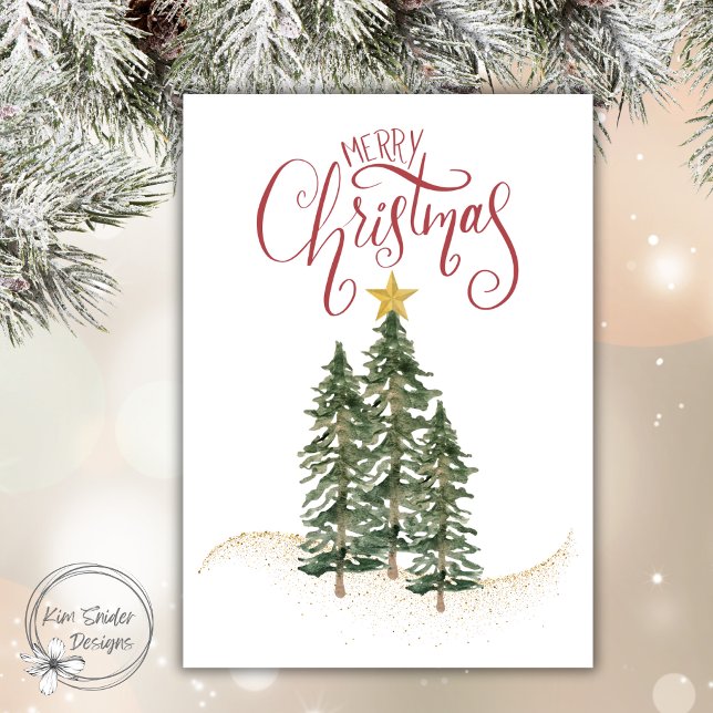 Elegant Watercolor Trees, "Merry Christmas"  Holiday Card (Creator Uploaded)
