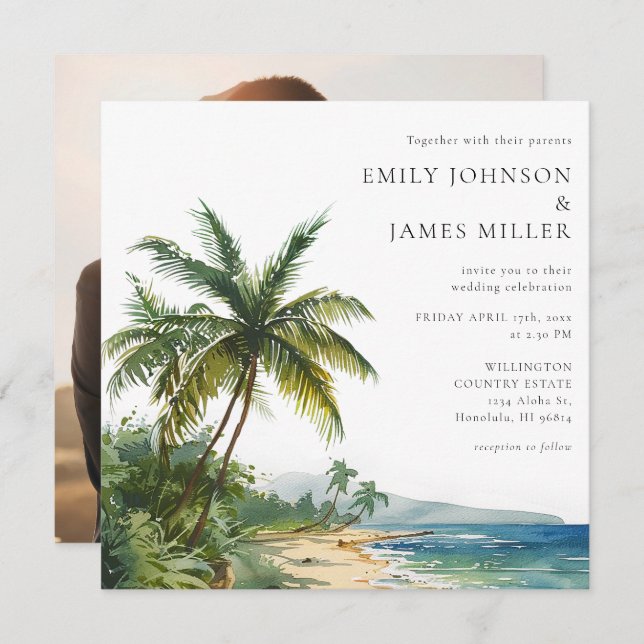 Elegant Watercolor Tropical Beach Photo Wedding Invitation (Front/Back)