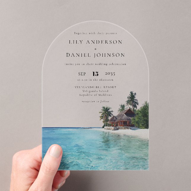 Elegant Watercolor Tropical Beach Wedding Arch Acrylic Invitations (Insitu (Handheld))