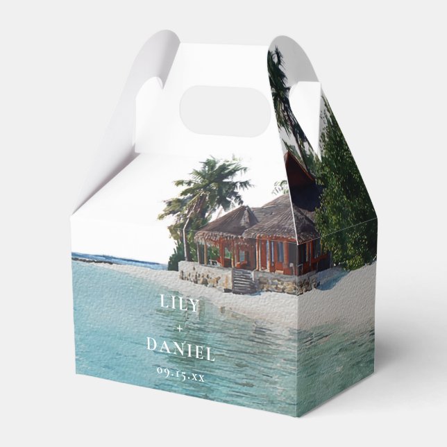 Elegant Watercolor Tropical Beach Wedding Favor Box (Front Side)