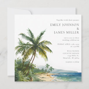 Elegant Watercolor Tropical Beach Wedding Invitation