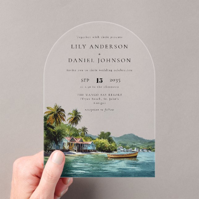 Elegant Watercolor Tropical Caribbean Wedding Arch Acrylic Invitations (Insitu (Handheld))