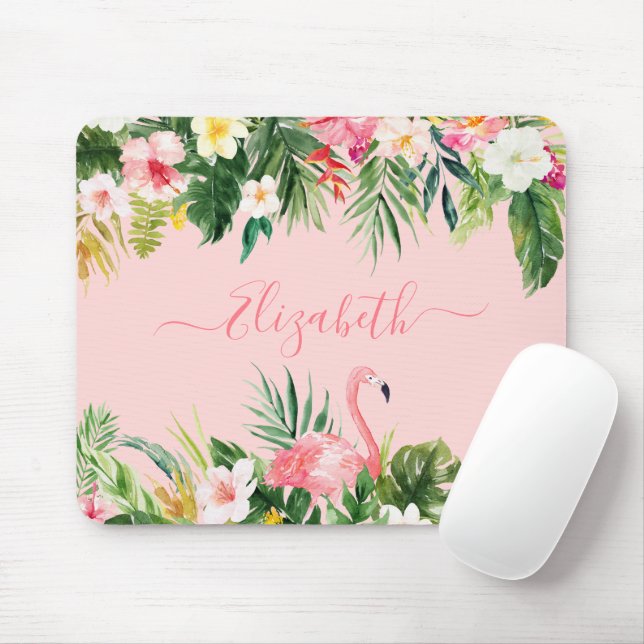 Elegant Watercolor Tropical Floral Trendy Script Mouse Pad (With Mouse)