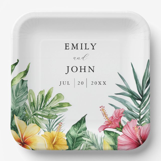 Elegant Watercolor Tropical Flowers Wedding Paper Plate (Front)