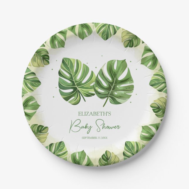 Elegant Watercolor Tropical Palm Baby Shower Paper Plate (Front)