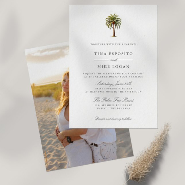 Elegant Watercolor tropical palm tree Exotic Photo Invitation (Tropical Exotic Watercolor Palm tree wedding invitation with space for your best photo on the back)